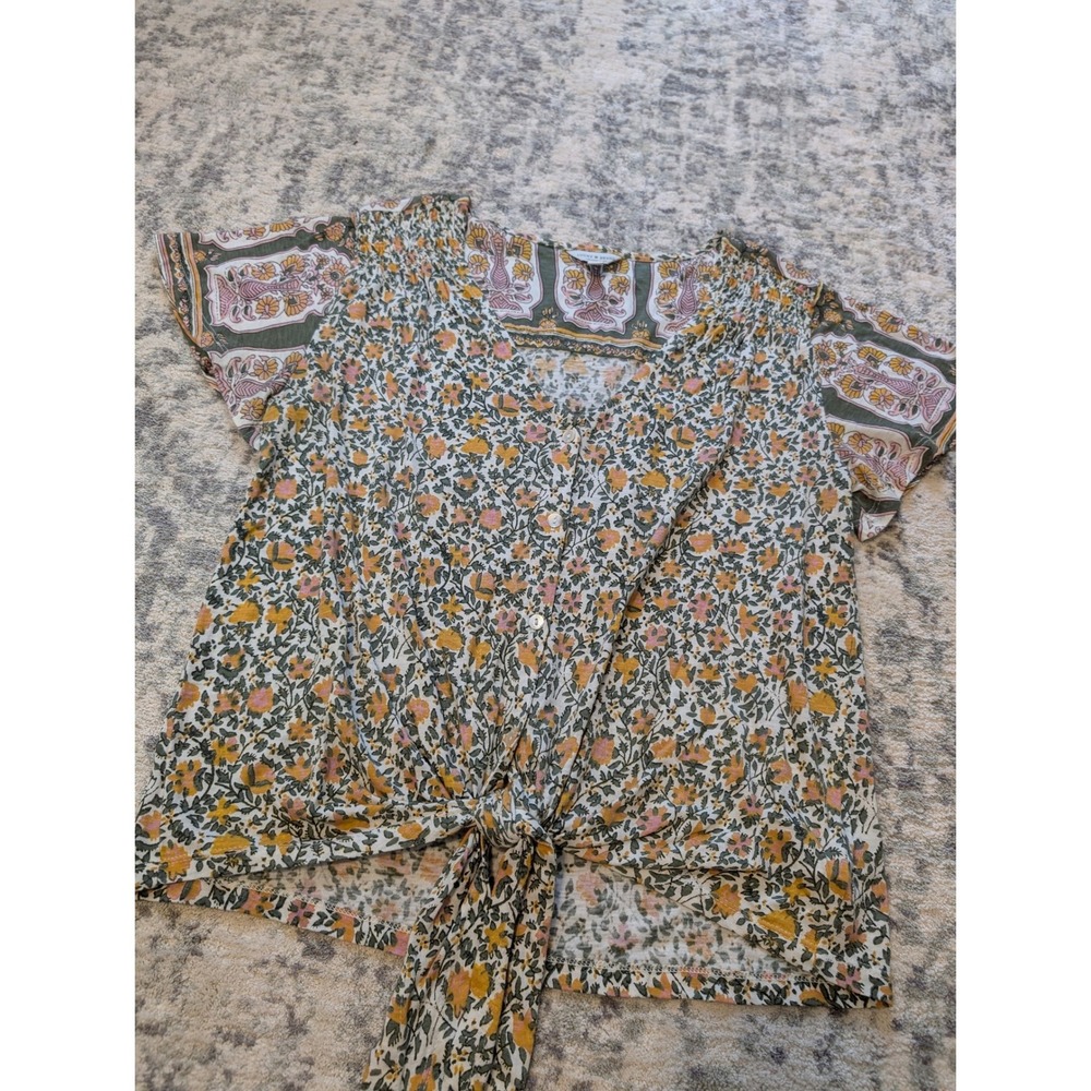 Lucky Brand Floral Tie Front Boho Blouse Short Sleeve Peasant Cotton Top Small